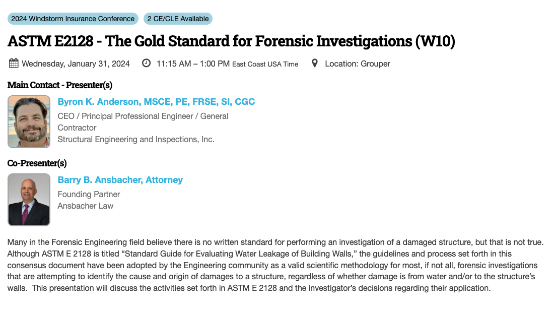 Screenshot of a webinar listing for ASTM E2128-12 standard guide for evaluating water leakage of building walls, featuring presentations from Byron K. Anderson and Barry Ansbacher, scheduled for January 31